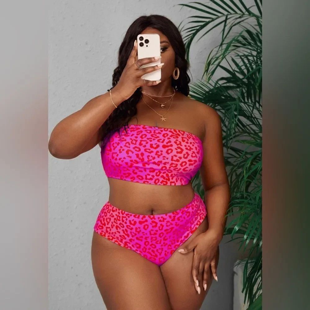 NEW SZ 14 *HOT BARBIE PINK* Leopard Bikini Set High Waist Bottom Bandeau